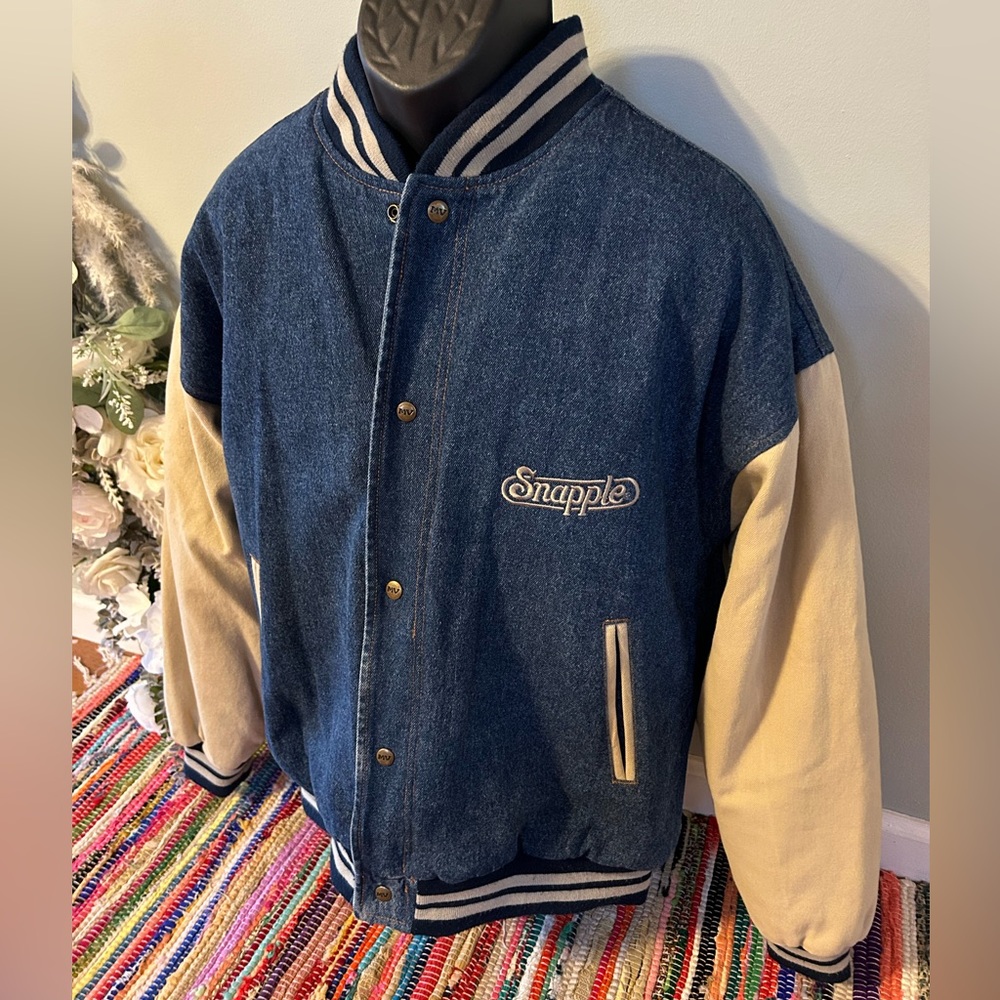 90s Snapple Denim Varsity Jacket Bomber Coat Button Front XL - Picture 2 of 7